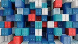 container box in warehouse in shipping port.