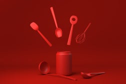 Red Kitchen utensils and baking ingredients floating in Red background. minimal concept idea creative. monochrome. 3D render.