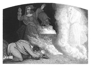 Old engraved illustration of Saul and the witch of En-Dor