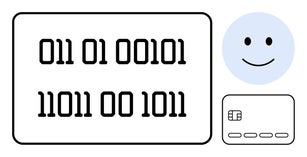 Digital Binary Code, Happy Face, and Smart Card Elements Symbolizing Technology and Security