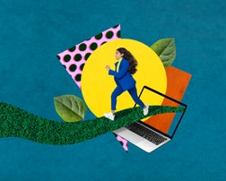Collage image of Business woman running out of computer into a new beginning