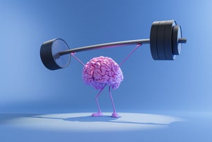 Human brain lifting heavy barbell, mental health