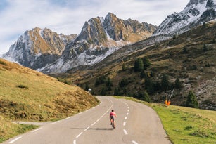 A mature cyclist climbs the iconic Col du Tourmalet in the French Pyrenees