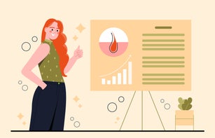 Woman presenting hair care data chart. Vector illustration