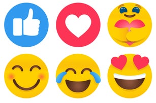 Set of cute social media positive Emoji faces thumbs up, heart, care, smile, crying laughing, smiling face with heart-shaped eyes icons