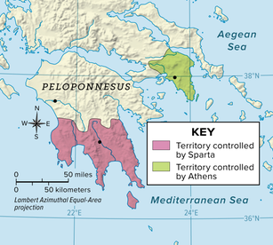 Map showing Sparta and Athens and the territories that each controlled.