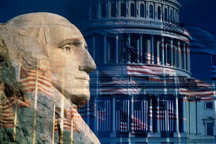 'Digital composite: George Washington, the U.S. Capitol and American flags '