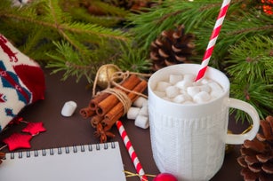 Hot chocolate with marshmallows, fir tree branches, cones, cinnamon and christmas balls on a brown background.