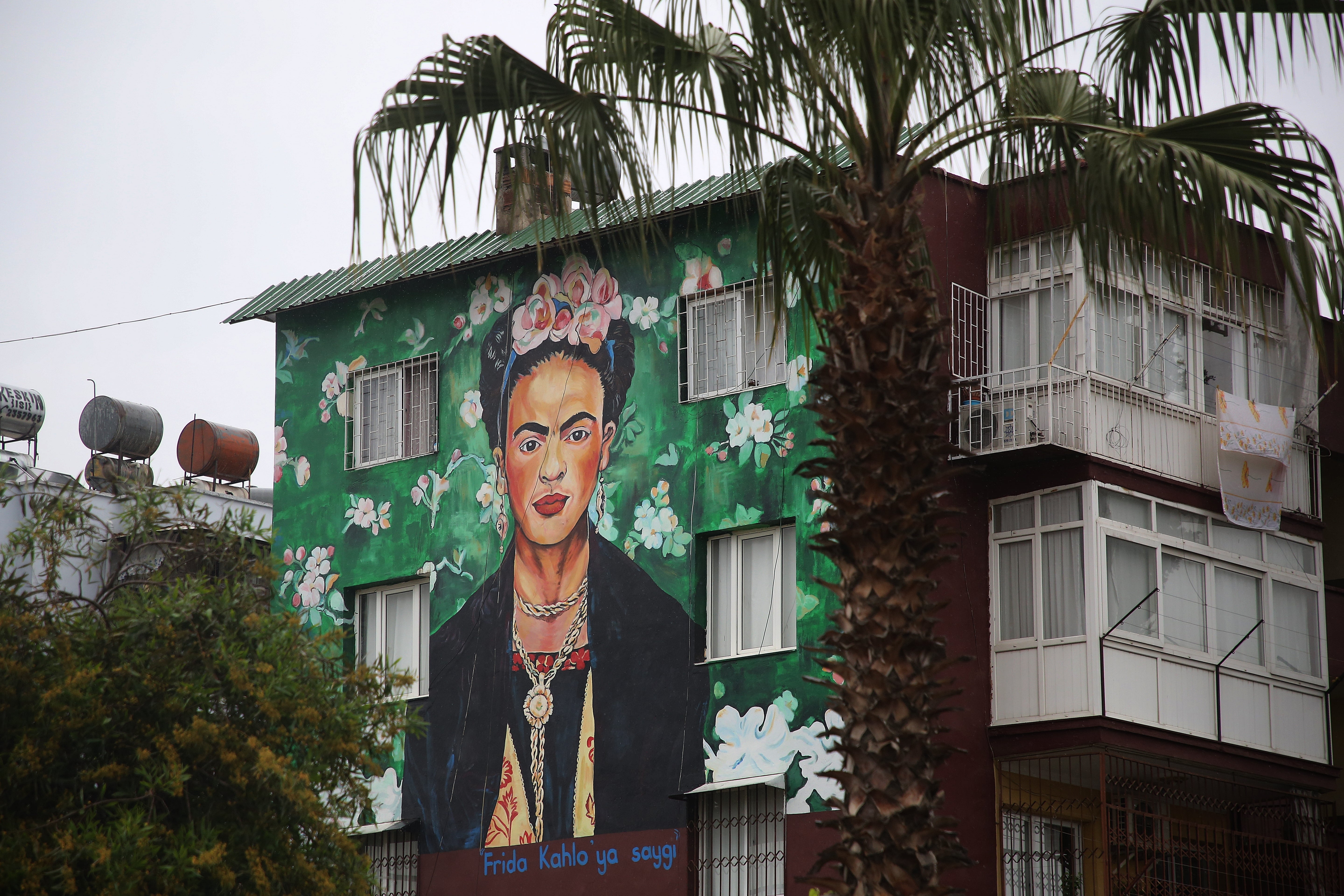 Famous paintings as street art on facades of houses in Turkey