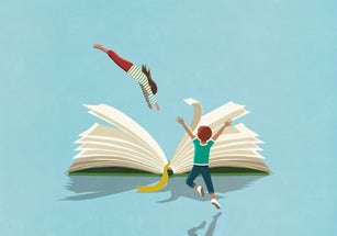 Exuberant boy watching girl dive into book