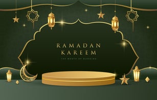 Ramadan Kareem design on green Islamic background with gold ornament star, moon, lanterns and gold podium.