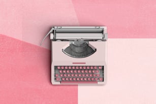 top view of a typewriter from the 70s , isolated on pink background.