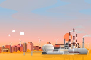 Fossil fuel versus renewable energy illustration concept shows the people who live in the city consume electricity from the oil industry and the alternative energy that can create from the wind turbines and condensation of petroleum by the oil refinery.