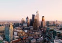 Elevated view of London skyline at sunset