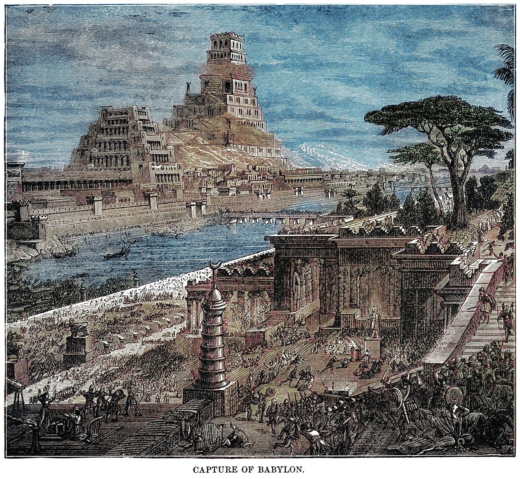 Old engraved illustration of the fall of Babylon, the decisive event that marked the total defeat of the Neo-Babylonian Empire to the Achaemenid Persian Empire (539 BCE)