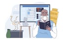 Historian man with book. Old man read textbook. Scientist explores ancient civilizations. Education and training, learning. Teacher in library. Linear vector illustration