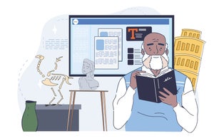 Historian man with book. Old man read textbook. Scientist explores ancient civilizations. Education and training, learning. Teacher in library. Linear vector illustration
