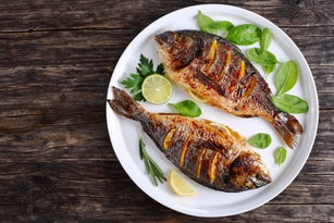 roasted sea bream fish with lemon slices