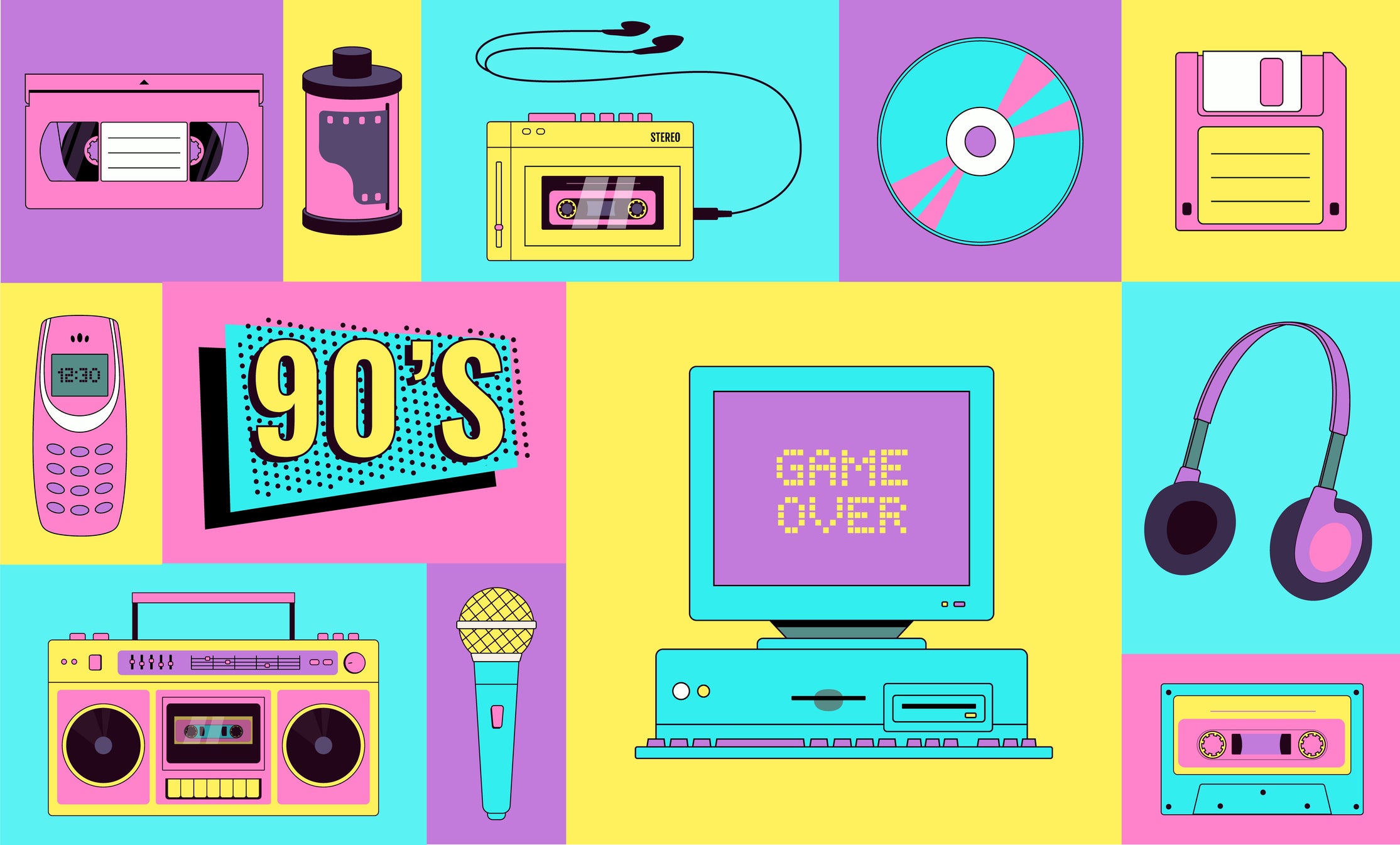 Geometric poster of 90s retro devices in modern style