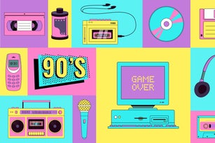 Geometric poster of 90s retro devices in modern style