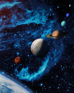 Digital illustration of the Solar system. Sun, Earth and planetary Moon, Mars, Jupiter, Saturn, Uranus, Neptune and the dwarf Pluto