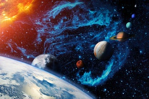 Digital illustration of the Solar system. Sun, Earth and planetary Moon, Mars, Jupiter, Saturn, Uranus, Neptune and the dwarf Pluto