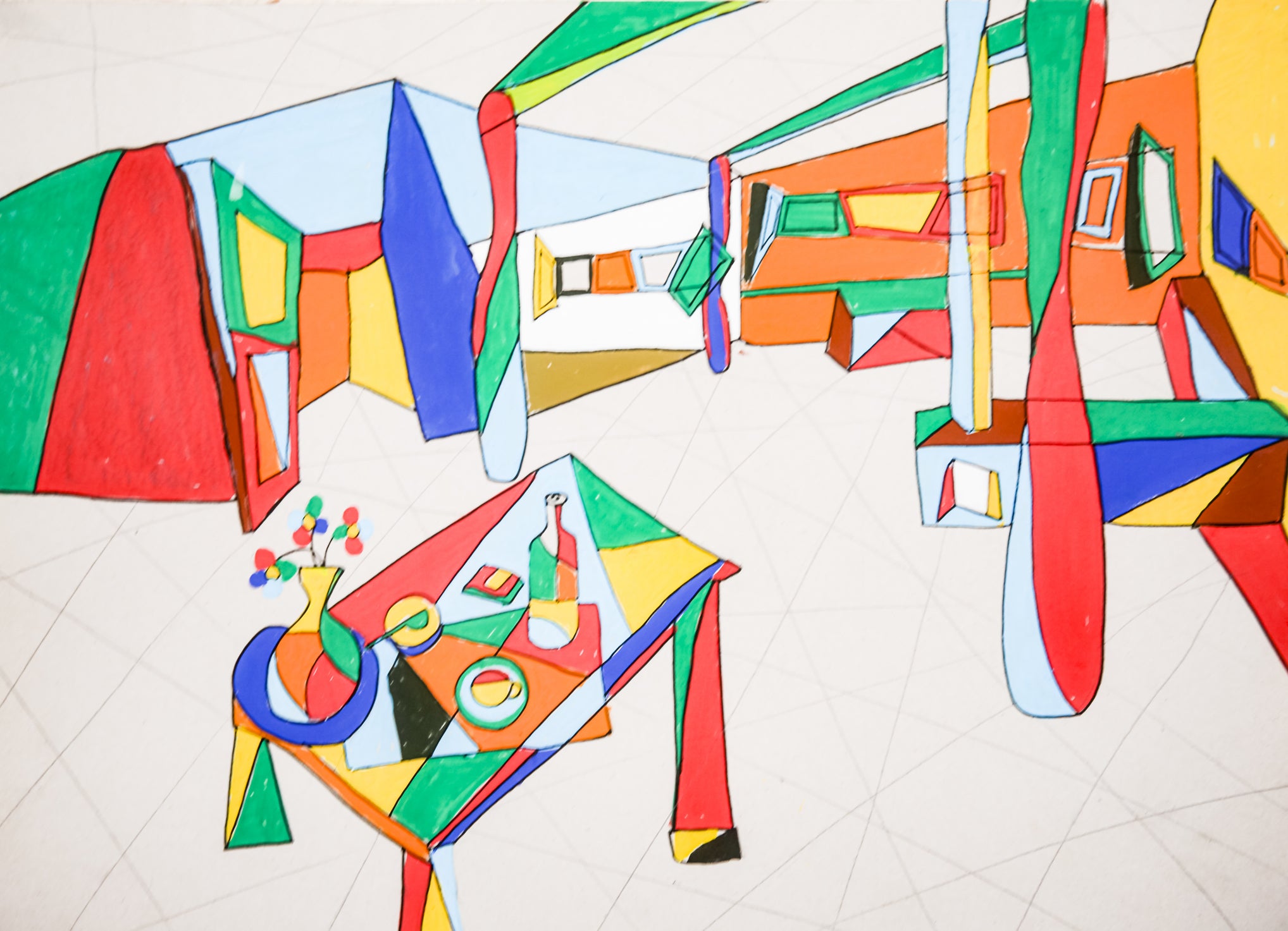 Cubism Interpretation of Villa Savoye by Le Corbusier, a Colorful Abstract Painting of a Modern Interior Design Scene
