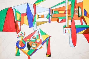 Cubism Interpretation of Villa Savoye by Le Corbusier, a Colorful Abstract Painting of a Modern Interior Design Scene
