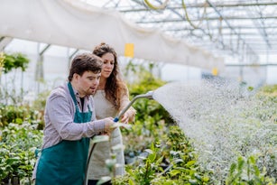 Man with down syndrome working together with his colleague in garden centre, watering plants. Social inclusion concept.