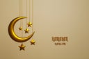 Gold crescent moon with copy space, Ramadan,  Hari Raya concept, 3D render
