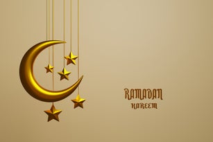 Gold crescent moon with copy space, Ramadan,  Hari Raya concept, 3D render