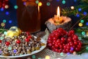 Decor in the form of stars from an orange peel. Compote uzvar drink from dried fruits and honey